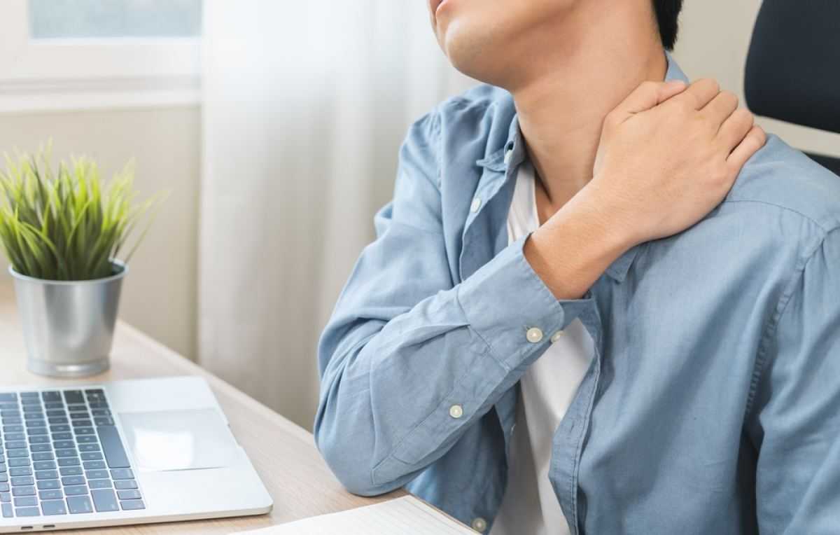 nek, schouder, pijn, bureau, kantoor, spieren, sport