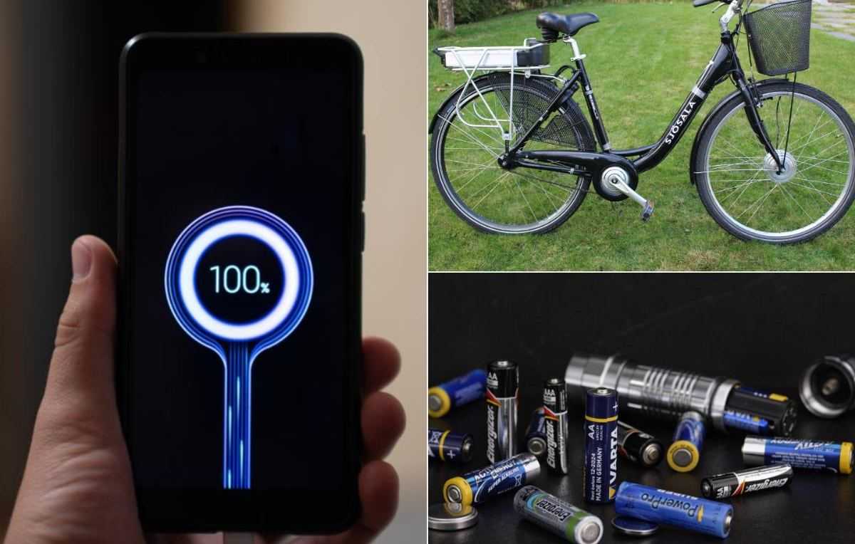 photo-collage Pixabay (slikviditet-fiets, Photoblend-batterijen) en shutterstock-gsm